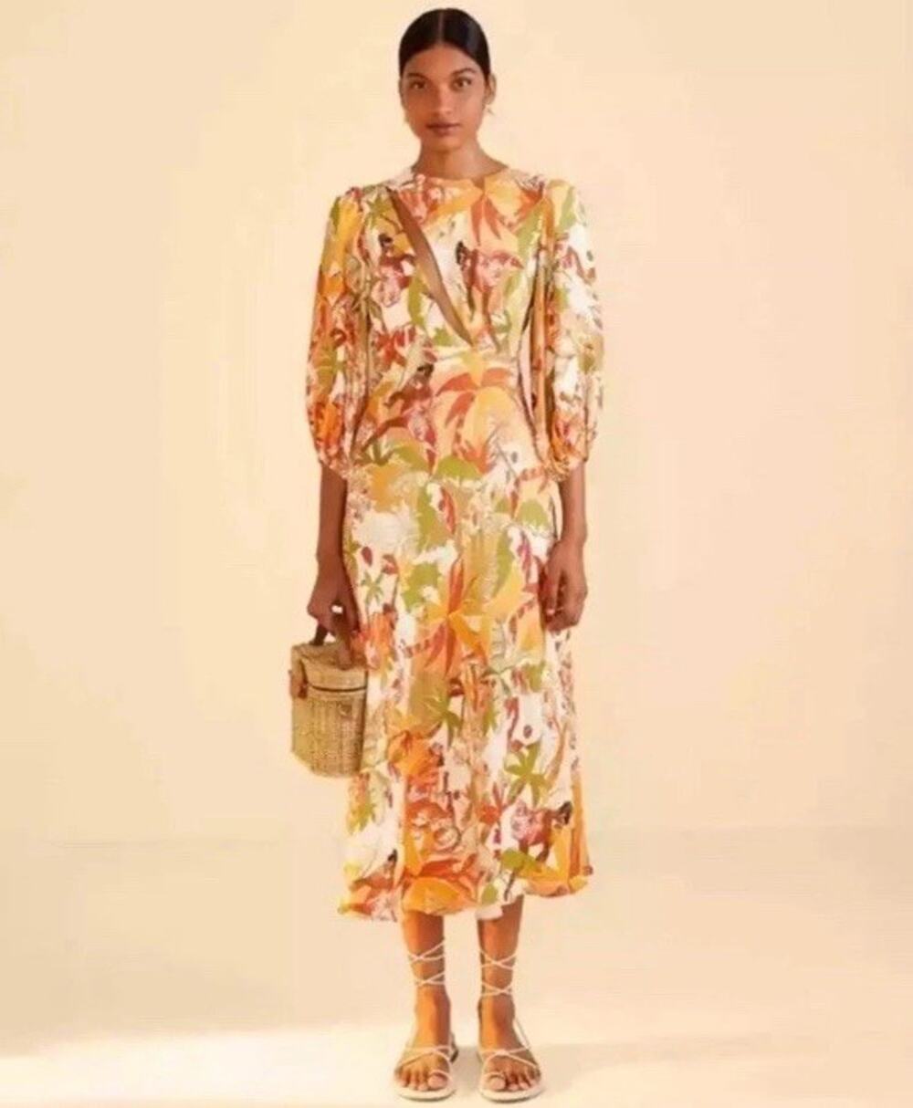 NWT Farm Rio Leopard Forest Sand Midi Dress Cutout Tropical Print XS